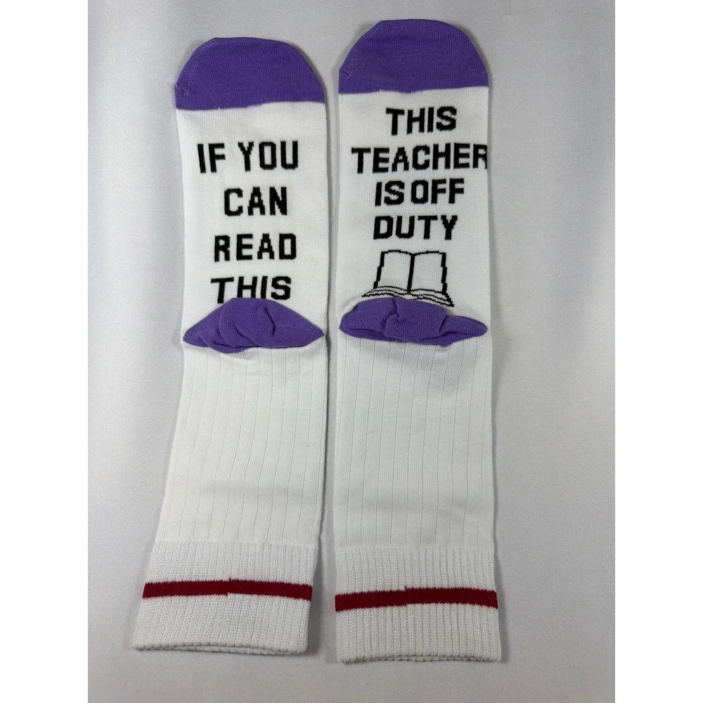 Back To School Off Duty Teacher Novelty Crew Socks White Purple Cotton Blend NEW